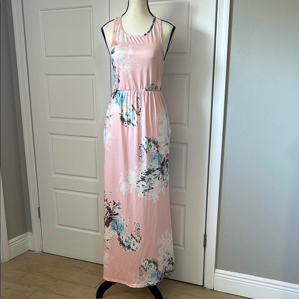 Pink and Blue Maxi Sundress Stretchy and Comfortable with Pockets
